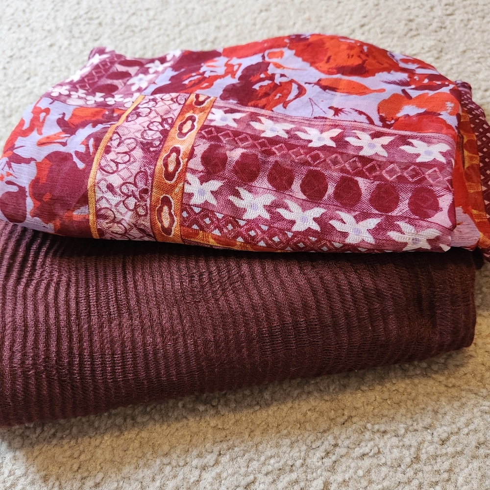 Scarf Bundle - Burgundy and Plum, red, orange Print infinity scarves, set of 2